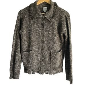 Chico's Women’s Size 0 Wool Blend Speckled Brown Fringe Button Cardigan‎